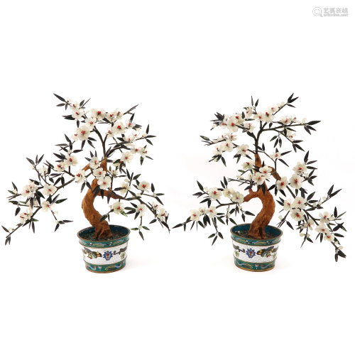 A Pair of Jade Floral Arrangements