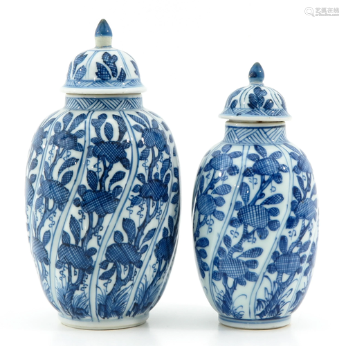 Two Blue and White Vases and Cover