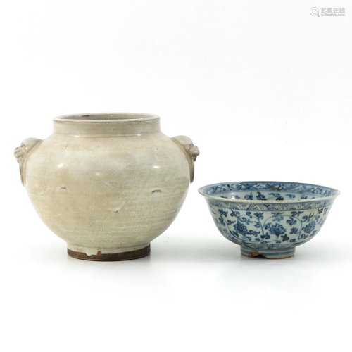 A Stoneware Vase and Ming Bowl