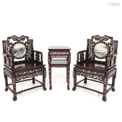 A Pair of Chinese Chairs and Side Table