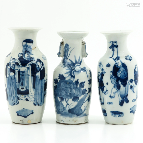 A Collection of 3 Blue and White Vases