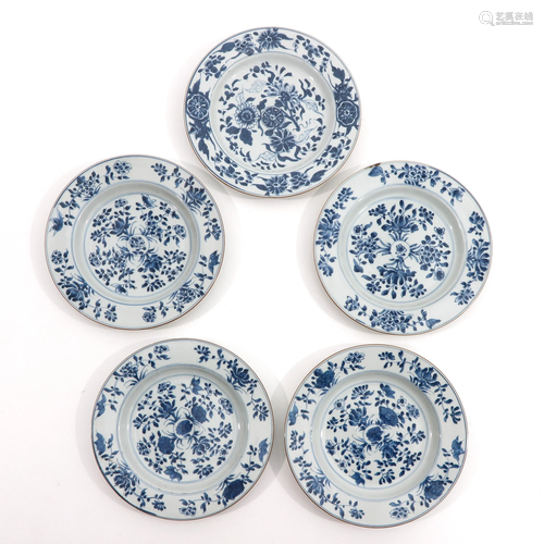 A Series of 5 Blue and White Plates