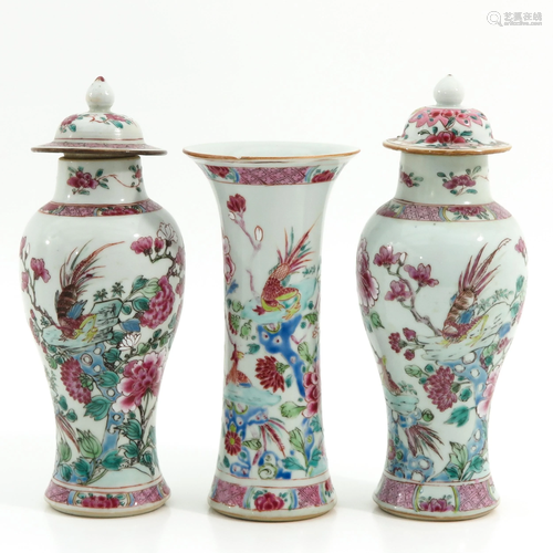 A Set of 3 Famille Rose Garniture Vases