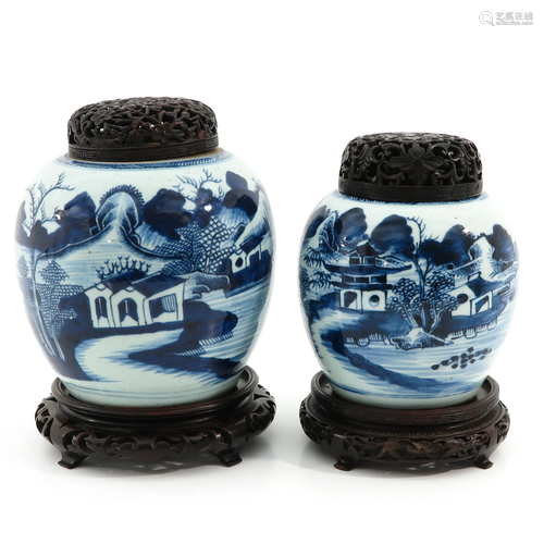 Two Blue and White Ginger Jars