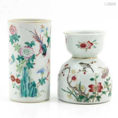 A Famille Rose Brush Washer and Vase