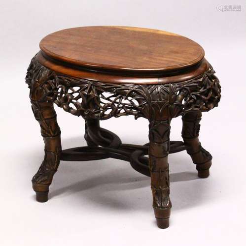 A LATE 19TH CENTURY CHINESE HARDWOOD OVAL TABLE, plain top, supported on pierced and carved frieze