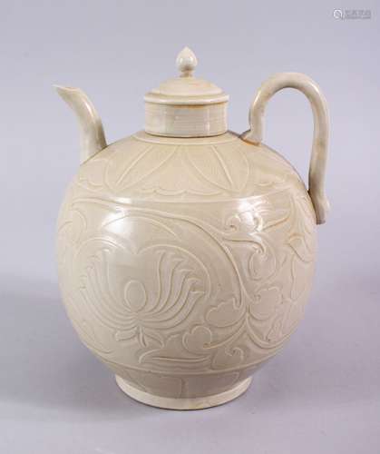 A GOOD CHINESE DING WARE POTTERY WINE EWER, the body with carved decoration 20cm x 17cm