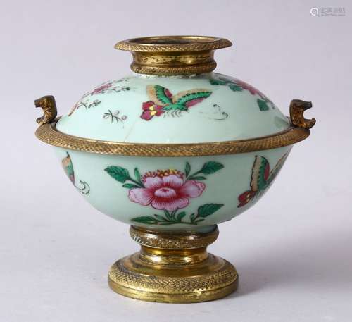 A CHINESE 19TH / 20TH CENTURY CELADON METAL MOUNTED BOWL AND COVER, the bowl with a celadon ground