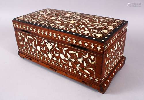 A 19TH CENTURY ANGLO - INDIAN INLAID BONE WOODEN LIDDED BOX, with scrolling floral motif decoration,