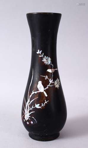 A CHINESE 20TH CENTURY INLAID MOTHER OF PEARL WOODEN VASE, inlaid with mother of pearl to depict