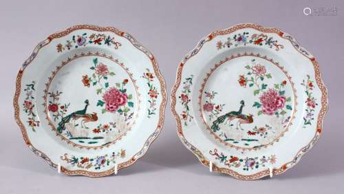 A PAIR OF 18TH CENTURY CHINESE FAMILLE ROSE CIRCULAR PLATES, painted with flowers and peacocks, 23cm