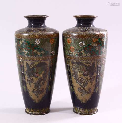 A PAIR OF JAPANESE MEIJI PERIOD CLOISONNE VASES, the vases with panel decoration depicting birds