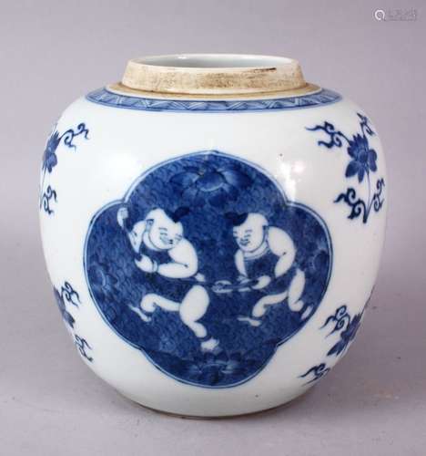 A 20TH CENTURY CHINESE BLUE AND WHITE PORCELAIN GINGER JAR, decorated with panels of boys and flora,