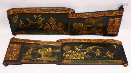 A PAIR OF CHINESE CARVED, LACQUERED AND GILDED SCROLL END PANELS, each decorated with birds on a