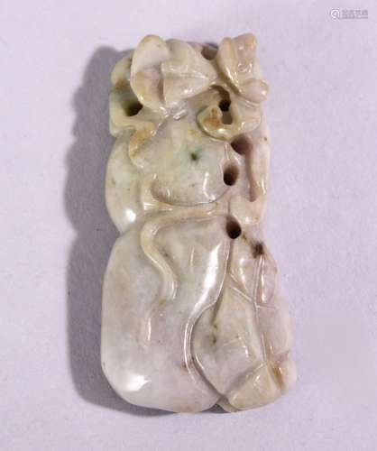 A CHINESE CARVED AND PIERCED JADITE / HARDSTONE AMULET, in the form of a guord and animal, 6cm x