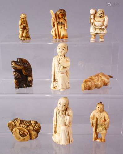 A LOT OF NINE JAPANESE MEIJI PERIOD CARVED IVORY / ANTLER NETSUKE - A stag antler carved as a