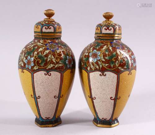 A FINE PAIR OF JAPANESE MEIJI PERIOD CLOISONNE VASES & COVERS, each vase with un=usual plain