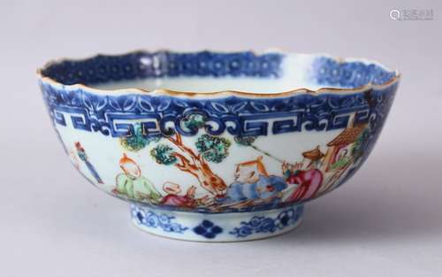 AN 18TH CENTURY CHINESE MANDARIN FAMILLE ROSE PORCELAIN BOWL, with panel decoration of figures in