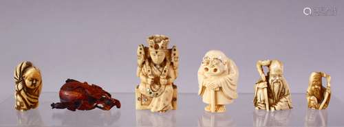 A LOT OF SIX JAPANESE MEIJI PERIOD CARVED IVORY NETSUKE, one of a seated and inlaid goddess, 6cm,