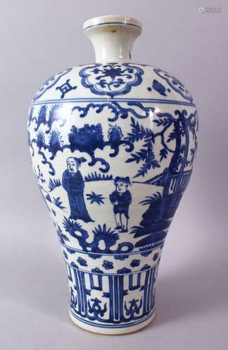 A CHINESE MING STYLE BLUE & WHITE PORCELAIN MEIPING VASE, decorated with scenes of figures in