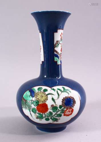 A 19TH / 20TH CENTURY CHINESE POWDER BLUE / FAMILLE VERTE PORCELAIN VASE, with panels of bouquet