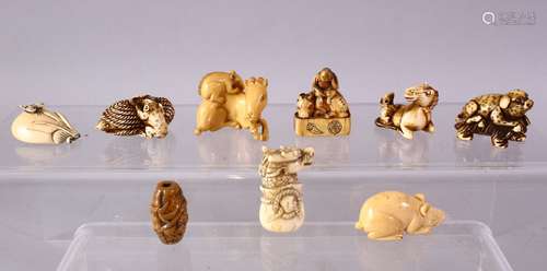 A LOT OF EIGHT JAPANESE MEIJI / EDO PERIOD CARVED IVORY NETSUKE & OJIME, one possibly later edo