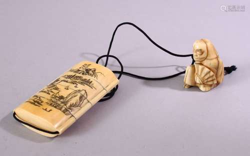 A JAPANESE MEIJI PERIOD CARVED IVORY THREE CASE INRO & NETSUKE, The inro carved with native