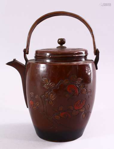 A JAPANESE MEIJI / TAISHO PERIOD FLORAL TEAPOT & COVER, with carved decoration depicting native