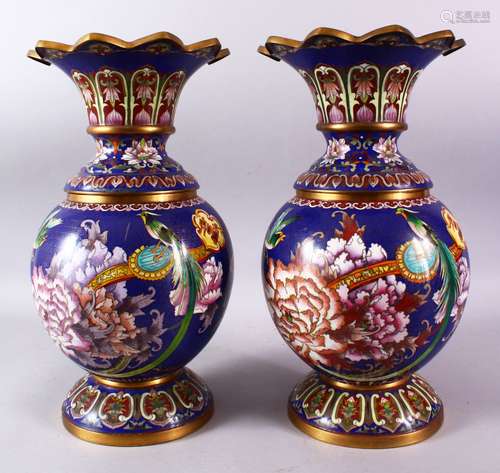 A PAIR OF 19TH/20TH CENTURY CHINESE CLOISONNE VASES, the bodies decorated with displays of native