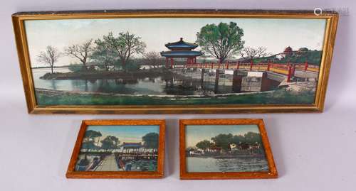 A SET OF THREE CHINESE REPUBLIC STYLE TAPESTRY PICTURES, each depicting a waterside landscape scene,