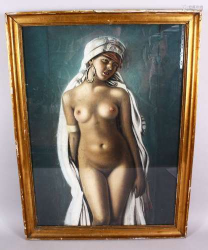 A 19TH / 20TH CENTURY ORIENTALIST PASTEL PAINTING OF A NUDE LADY, stood in an elegant pose, in a