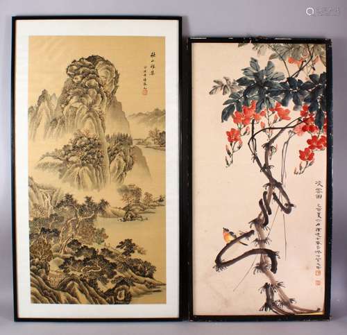 20TH CENTURY CHINESE SCHOOL, mountainous landscape with trees and buildings, signed, image 87cm x