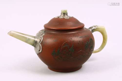 A 19TH / 20TH CENTURY CHINESE YIXING CLAY & JADE TEAPOT, the pot with carved jade handle, spout