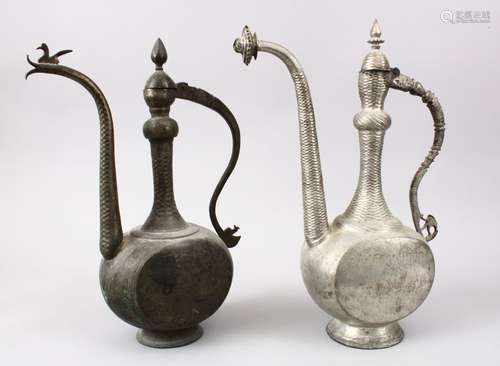 TWO 18TH / 19TH CENTURY PERSIAN TINNED COPPER EWERS, 41cm (2)