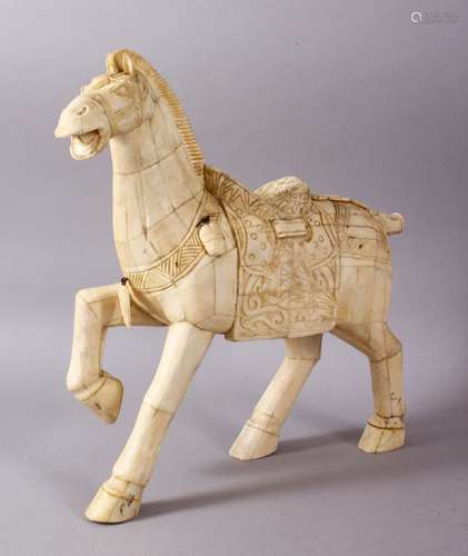 A LARGE 19TH / 20TH CENTURY CHINESE CARVED SECTIONAL BONE FIGURE OF A TANG STYLE HORSE, stood in a