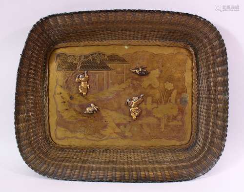 AN EARLY 20TH CENTURY JAPANESE MIXED METAL TRAY, etched with a landscape and temples with figural