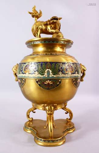 A LARGE CHINESE BRONZE & CLOISONNE TRIPOD KORO & COVER, with a central band of cloisonne, twin