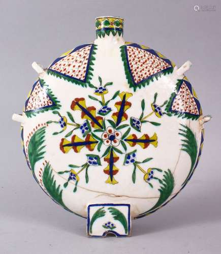 A 19TH CENTURY TURKISH POTTERY KUTAHYA WATER FLASK, decorated with floral motif decoration, 22cm