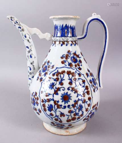 A GOOD IZNIK STYLE ITALYAN CANTAGALLI POTTERY WATER URN, decorated with blue and red decoration of