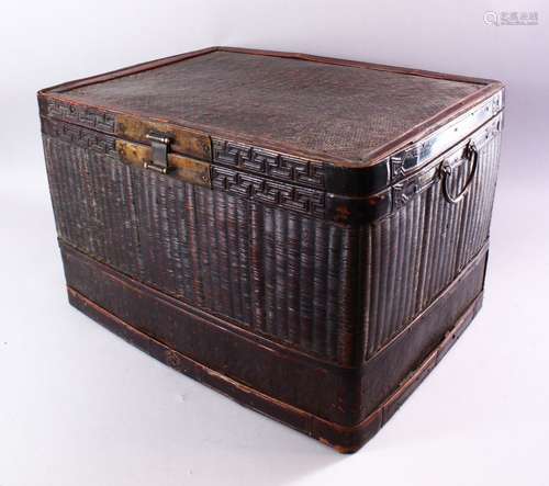 A CHINESE BAMBOO AND RATTAN STORAGE CHEST, with hinged cover and carrying handles, 52cm wide, 33cm