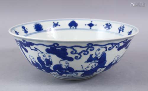 A GOOD CHINESE MING STYLE BLUE & WHITE PORCELAIN BOWL, decorated with scenes of boys playing in