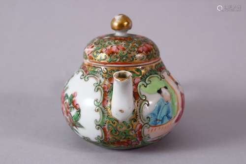 A SMALLER 19TH CENTURY CHINESE CANTON FAMILLE ROSE PORCELAIN TEAPOT AND COVER, decorated with