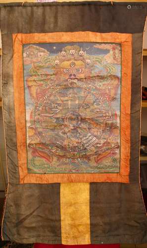 A 19TH CENTURY CHINESE THANKA, depicting the twelve panels of reincarnation, signed to the