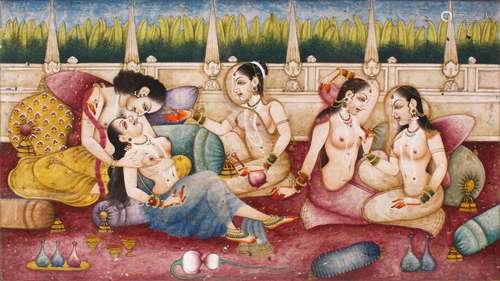 A FINE QUALITY INDIAN MINIATURE EROTIC PAINTING, probably 19th Century, depicting five scantily clad