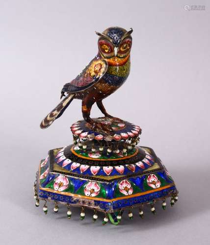 A GOOD 19TH CENTURY INDO - PERSIAN ENAMEL MODEL OF AN OWL, the owl perched, with decoration of