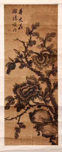 A EARLY 20TH CENTURY SCROLL PAINTING, depicting a flowering tree, signed and with red seal mark,