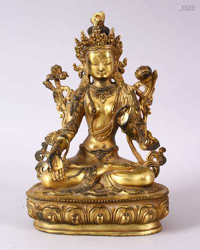 A THAI GILT BRONZE SEATED FEMALE DIETY, 20cm high.