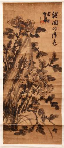 A EARLY 20TH CENTURY SCROLL PAINTING, depicting a flowering tree, signed and with red seal mark