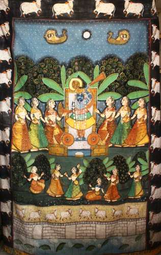 A LARGE RAJASTHAN INDIAN PAINTED TEXTILE PICHWAI PANEL, depicting a mutitude of figures aside a blue