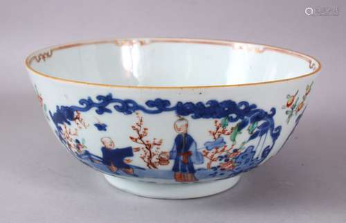 A 18TH CENTURY CHINESE FAMILLE ROSE PORCELAIN BOWL, painted with panels of figures and lotus, 9.